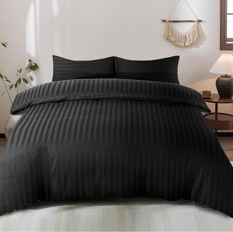 Siesta Zen 100% Cotton Luxury Hotel Quality Sateen Duvet Cover Set with 2cm Satin Stripe - Black, Queen Size (240x220cm) - Image 1